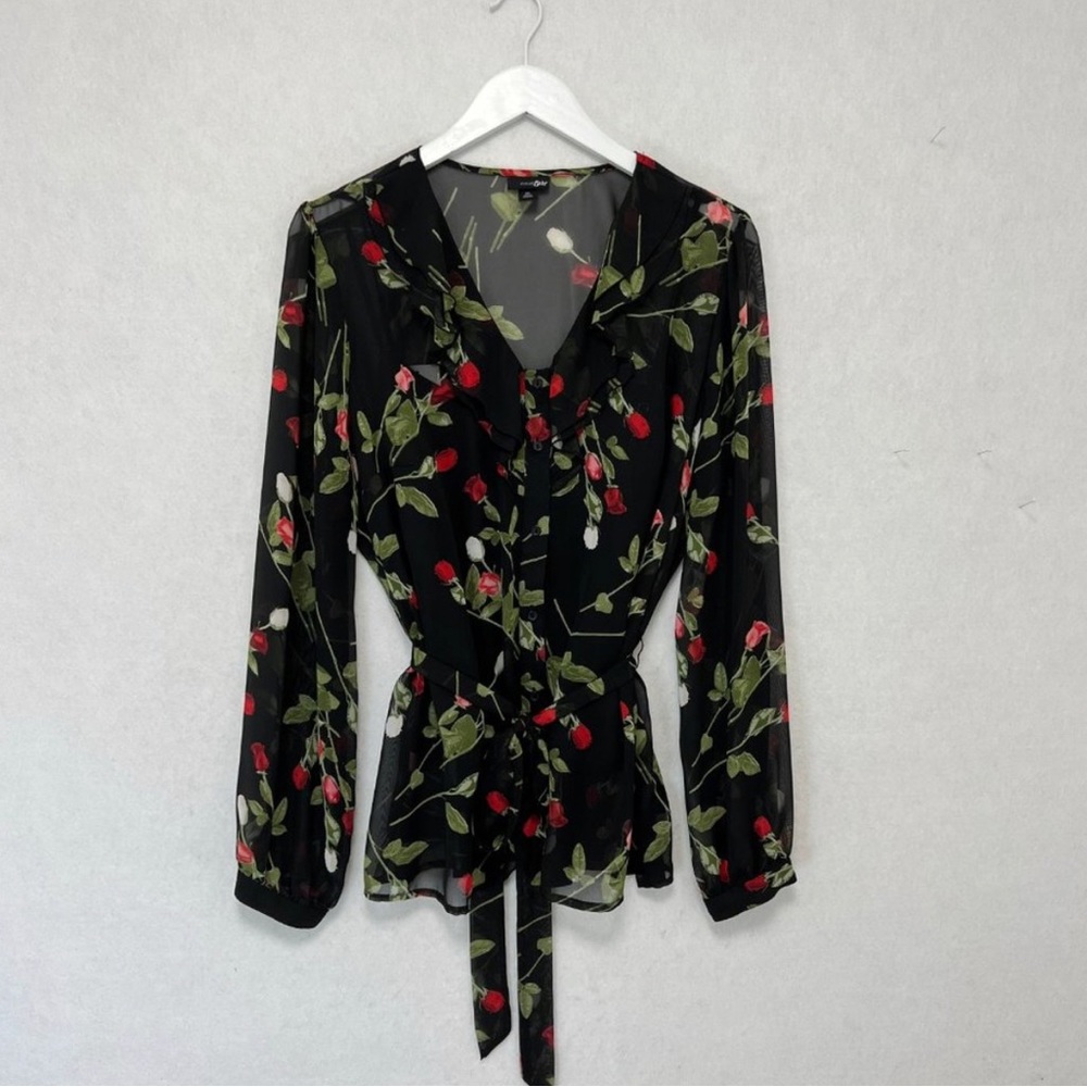 6 East 5th Rose Print Blouse Black Sheer Women's X-Large